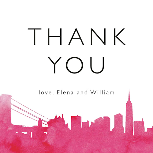 This is a magenta thank you postcards by Laura Condouris called skyline - new york printing on signature in postcard