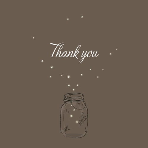 This is a zuni brown thank you postcards by Paige Rothhaar called fireflies printing on signature in postcard
