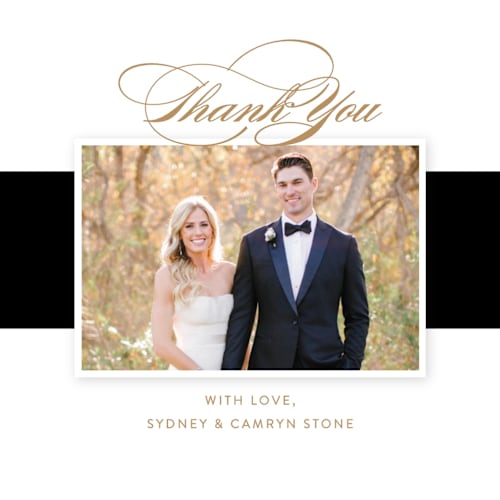This is a black tie thank you postcards by Jill Means called fashion district printing on signature in postcard