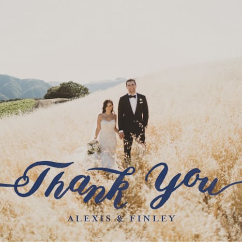 This is a navy thank you postcards by Shannon Chen of Four Wet Feet Studio called love printing on signature in postcard