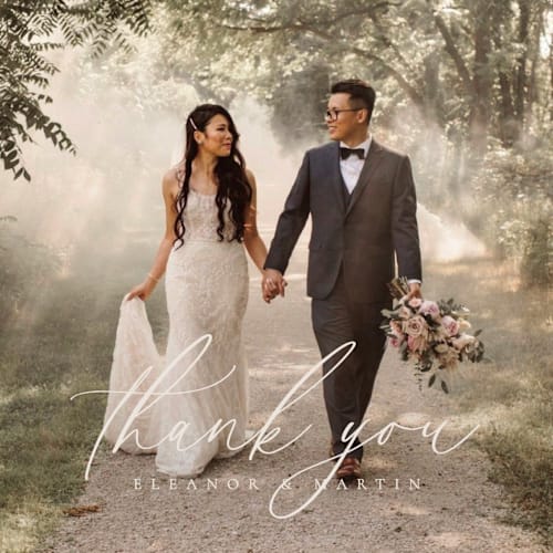 This is a linen thank you postcards with standard by Kelly Schmidt called corner printing on signature in postcard