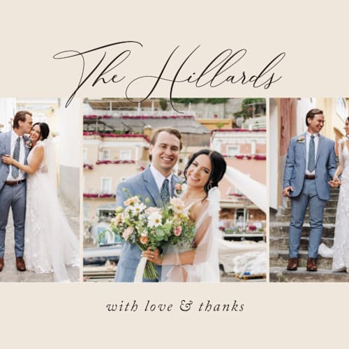 This is a mocha thank you postcards with standard by Jennifer Postorino called love story printing on signature in postcard