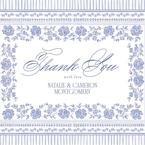 This is a cerulean thank you postcards with standard by Jenna Holcomb called embroidered printing on signature in postcard