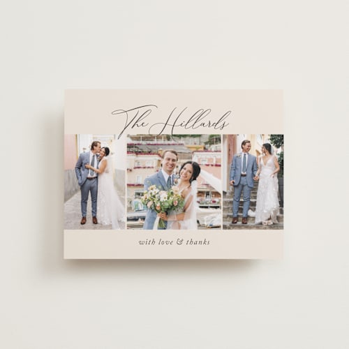 This is a mocha wedding thank you cards with standard by Jennifer Postorino called love story printing on recycled smooth signature in standard