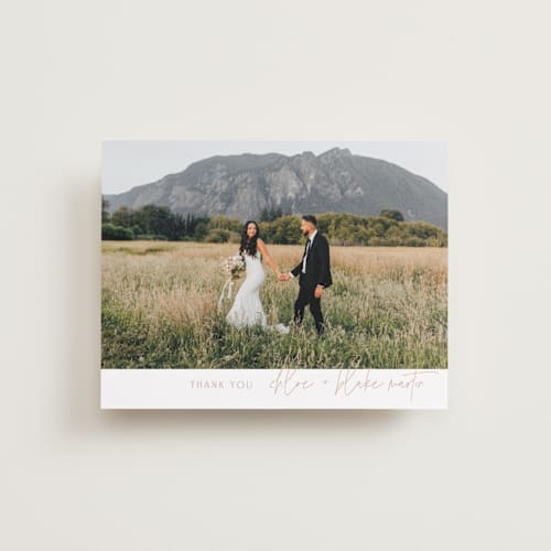 This is a terracotta wedding thank you cards with standard by Kelly Schmidt called overlap printing on recycled smooth signature in standard
