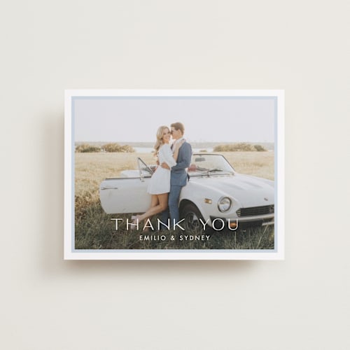 This is a sky wedding thank you cards with standard by Ellen Schlegelmilch called palmetto printing on recycled smooth signature in standard