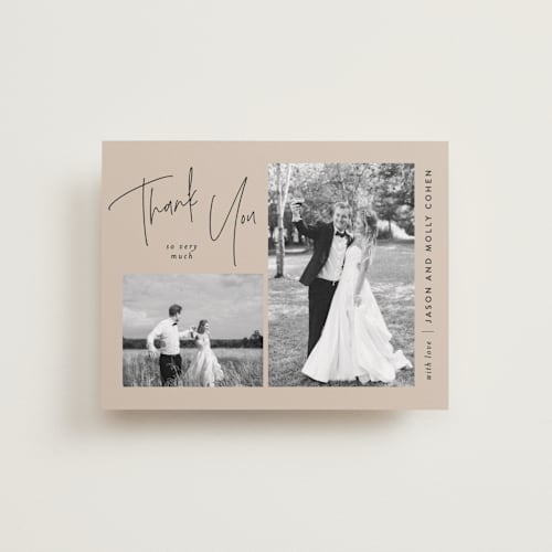 This is a sand wedding thank you cards with standard by JoAnn Jinks called signature frames printing on recycled smooth signature in standard