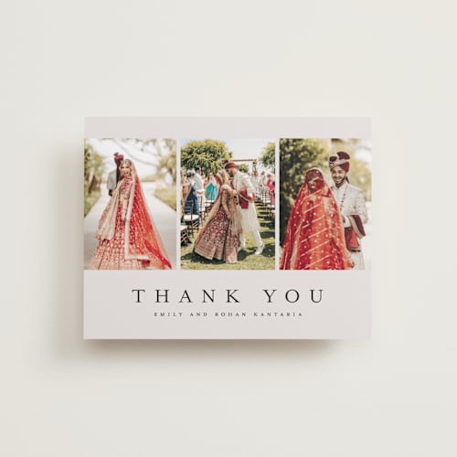 This is a sand wedding thank you cards with standard by Nicole Walsh called elegant trio printing on recycled smooth signature in standard