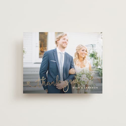 This is a dark walnut wedding thank you cards with foil pressed by Hooray Creative called autumn florals printing on recycled smooth signature in standard