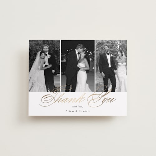 This is a cotton wedding thank you cards with foil pressed by Jennifer Postorino called gilded ampersand printing on recycled smooth signature in standard