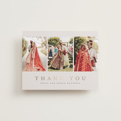 This is a sand wedding thank you cards with foil pressed by Nicole Walsh called elegant trio printing on recycled smooth signature in standard