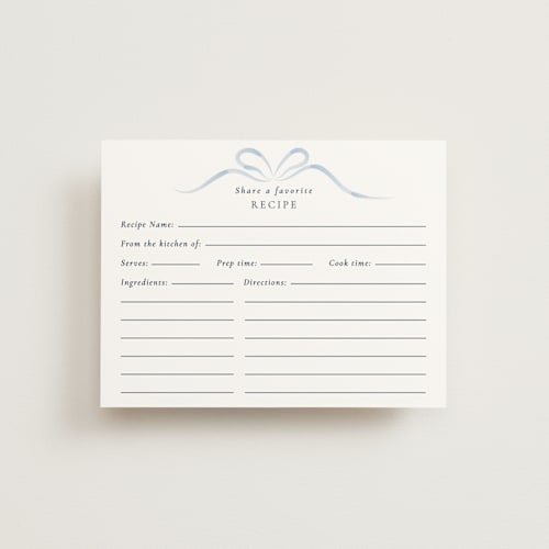 This is a dusty blue bridal shower insert cards with standard by Corinne Malesic called bow printing on signature in standard