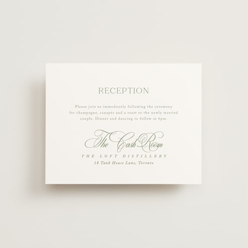 This is a garden reception cards with standard by Kelly Schmidt called chic script printing on signature in standard