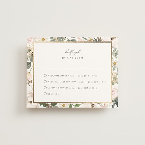 This is a verdant rsvp cards with foil pressed by Susan Moyal called country garden printing on signature in standard