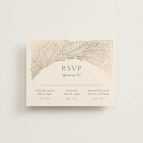This is a cream rsvp cards with foil pressed by Jen Owens called royalty printing on signature in standard