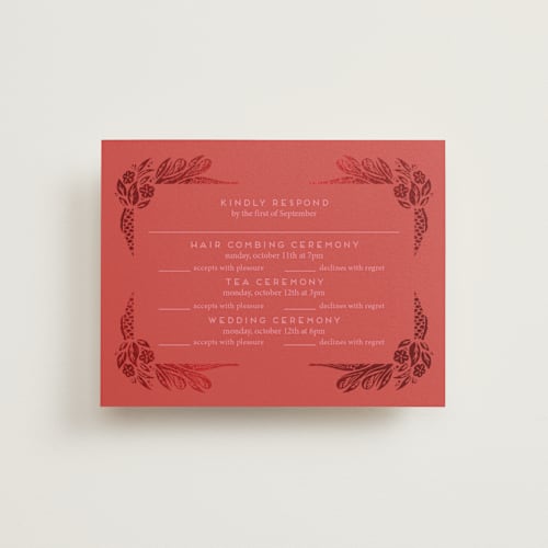 This is a ruby rsvp cards with foil pressed by Ghia Designs called fiery printing on signature in standard