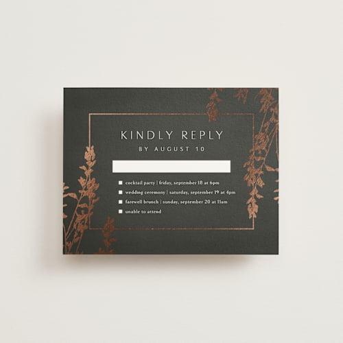 This is a ivy rsvp cards with foil pressed by Kelly Schmidt called quince printing on signature in standard