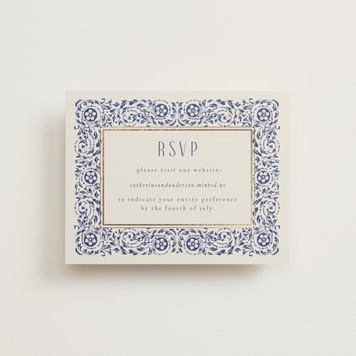 This is a dynasty blue rsvp cards with foil pressed by Ana de Sousa called tiled romance printing on signature in standard