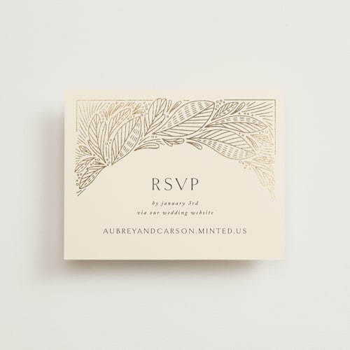 This is a cream rsvp cards with foil pressed by Jen Owens called royalty printing on signature in standard