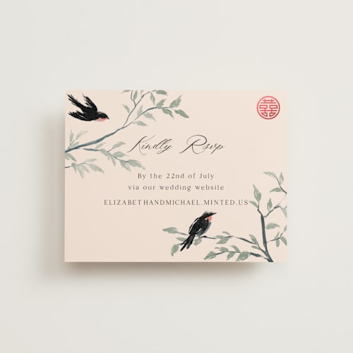 This is a cream rsvp cards with foil pressed by Elly called lovebirds printing on signature in standard
