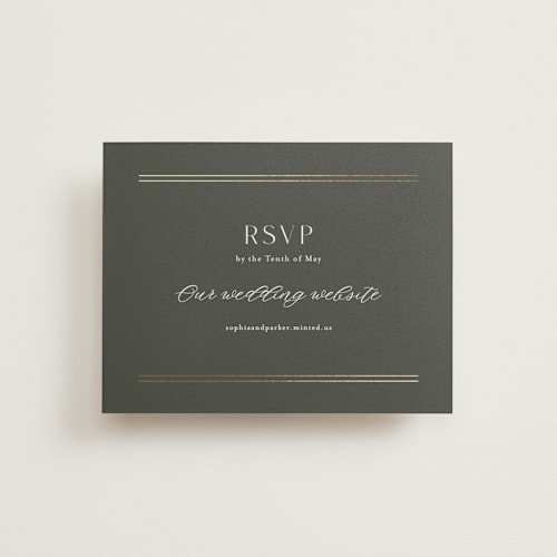 This is a olive rsvp cards with foil pressed by Stacey Meacham called perfect pair printing on signature in standard