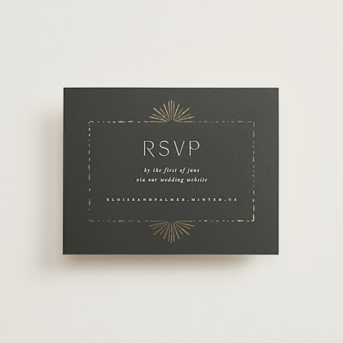 This is a midnight rsvp cards with foil pressed by Leah Bisch called fringe printing on signature in standard