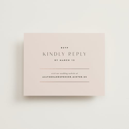 This is a blush rsvp cards with foil pressed by Kindred Fields called deco band printing on signature in standard