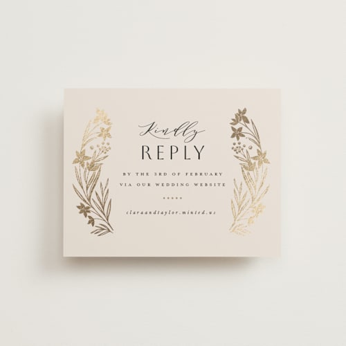 This is a champagne rsvp cards with foil pressed by Leah Bisch called floral border printing on signature in standard