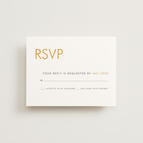 This is a orange rsvp postcards by Nam Bourassa called minimalist display printing on signature in postcard