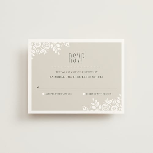 This is a champagne rsvp postcards by Jessica Williams called white shadows printing on signature in postcard