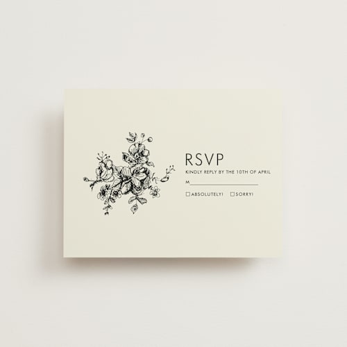 This is a beige rsvp postcards by Phrosné Barwood called elegance illustrated printing on signature in postcard