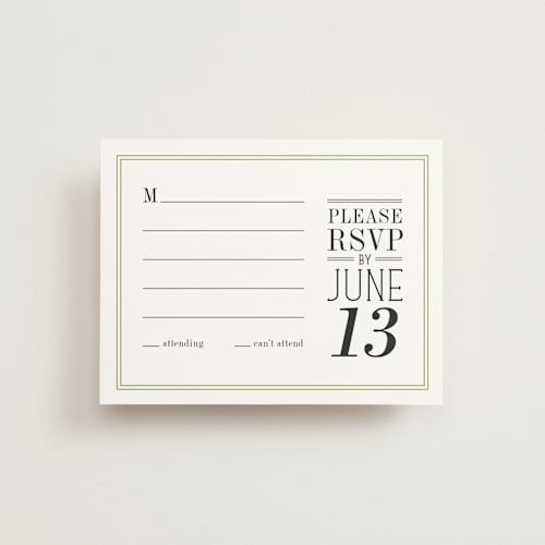 This is a moss rsvp postcards by Ariel Rutland called wed in type printing on signature in postcard