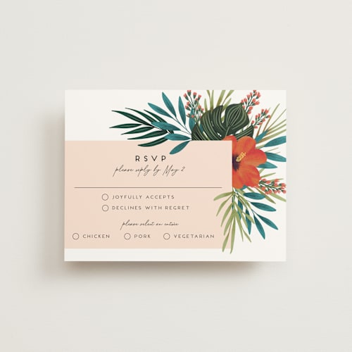 This is a coral rsvp postcards by Joanna Griffin called tropical oasis printing on signature in postcard