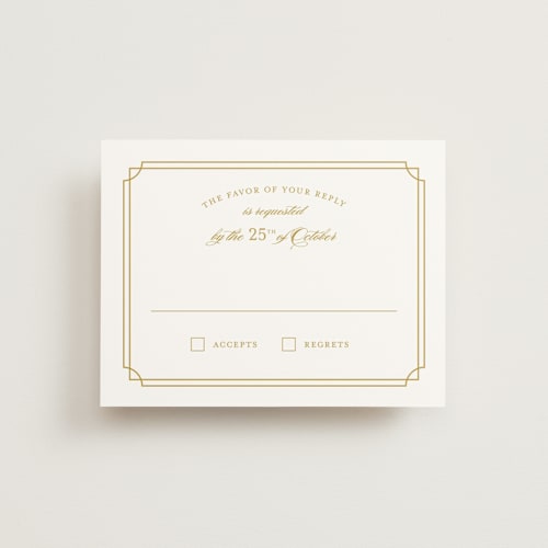 This is a gold rsvp postcards by Sarah Brown called luxe border printing on signature in postcard