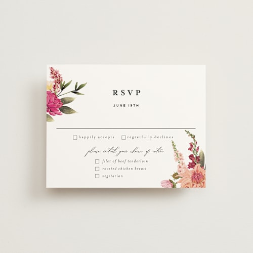 This is a magenta rsvp postcards by Susan Moyal called lush printing on signature in postcard