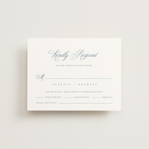 This is a dusty blue rsvp postcards by Jennifer Postorino called empire printing on signature in postcard