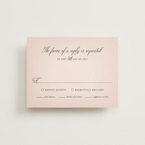 This is a blush rsvp postcards by Hooray Creative called elegant lace printing on signature in postcard