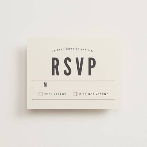 This is a mocha rsvp postcards by Melissa Egan of Pistols called classic type printing on signature in postcard