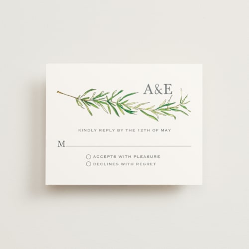 This is a fern rsvp postcards by Erin Deegan called simple sprigs printing on signature in postcard