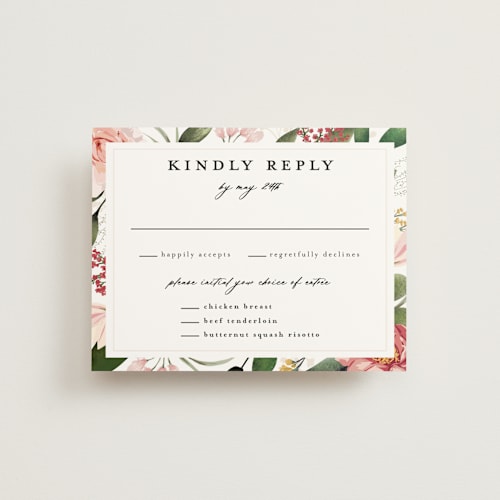 This is a blush rsvp postcards by Susan Moyal called blossom printing on signature in postcard