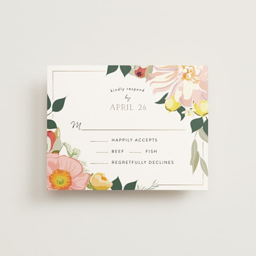 This is a blush rsvp postcards by Susan Moyal called spring blooms printing on signature in postcard