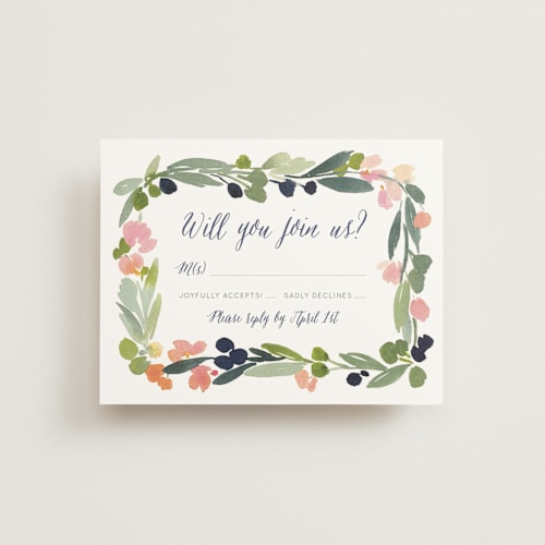 This is a grapefruit rsvp postcards by Yao Cheng Design called watercolor wreath printing on signature in postcard