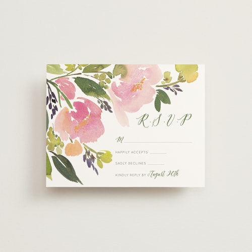 This is a olive rsvp postcards by Yao Cheng Design called watercolor floral printing on signature in postcard