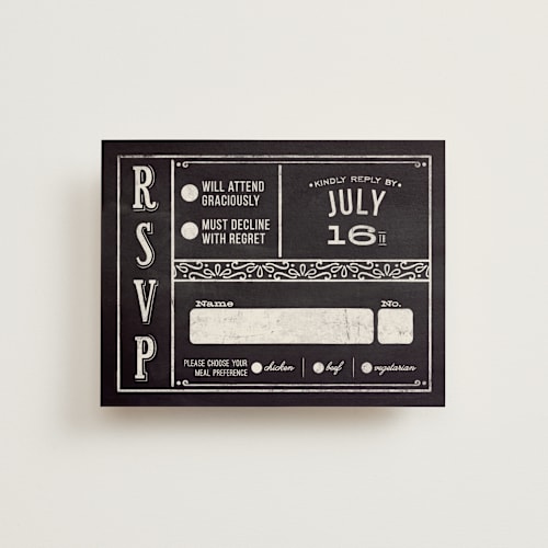 This is a chalkboard rsvp postcards by GeekInk Design called slated forever printing on signature in postcard