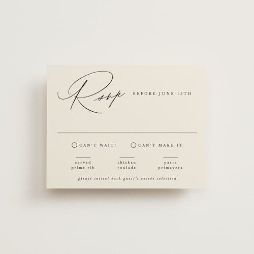This is a ecru rsvp postcards by Hooray Creative called scripted names printing on signature in postcard