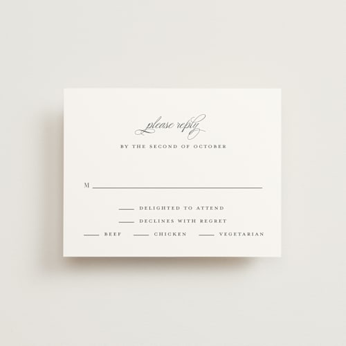This is a taupe rsvp postcards by Jessica Williams called classical printing on signature in postcard