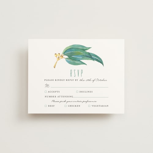 This is a eucalyptus rsvp postcards by Shannon Chen of Four Wet Feet Studio called eucalyptus leaves printing on signature in postcard