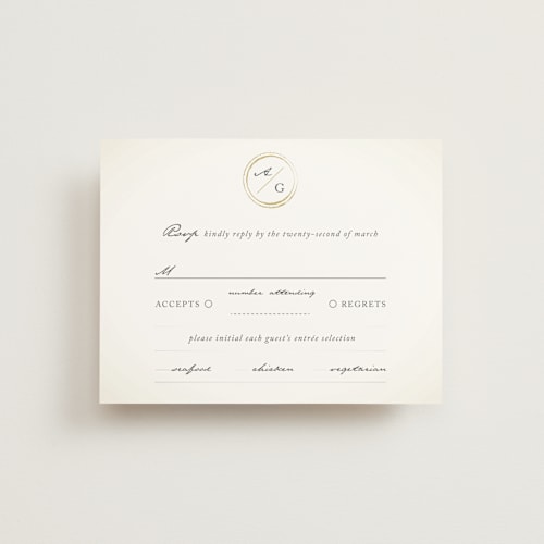 This is a antique white rsvp postcards by fatfatin called monogram circle stamp printing on signature in postcard