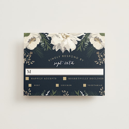 This is a winter white rsvp postcards by Susan Moyal called peonies & berries printing on signature in postcard