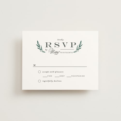 This is a forest green rsvp postcards by Alethea and Ruth called elegant crest printing on signature in postcard